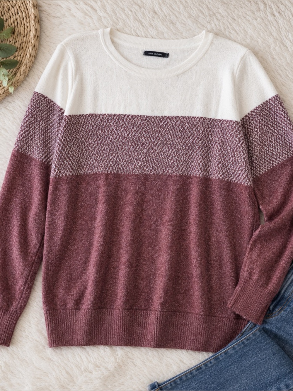 Pink Clover Colorblock Crewneck Sweater Cream Burgundy Women’s Large